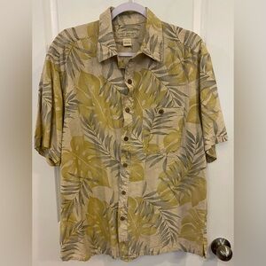 Island Republic Hawaiian Button Up Shirt Sz L 100% Silk Tropical Yellow Green